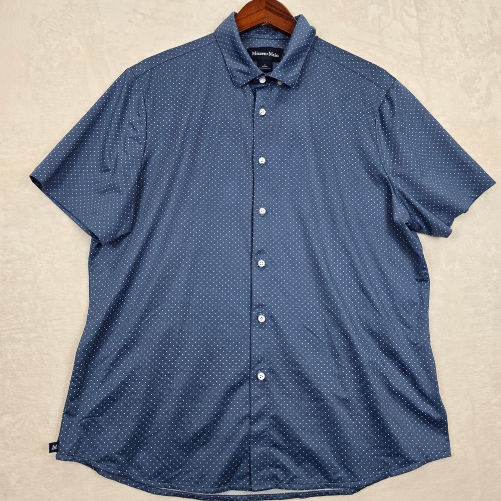 Mizzen+Main Mens Large Classic Fit Blue Polka Dot Short Sleeve Performance Shirt